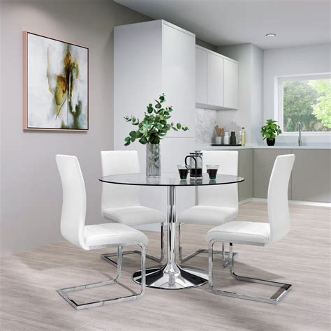 Orbit Round Dining Table And 4 Perth Chairs Glass And Chrome White