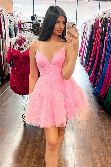 Pink Plunging V Neck Multi Layers A Line Straps Homecoming Dress