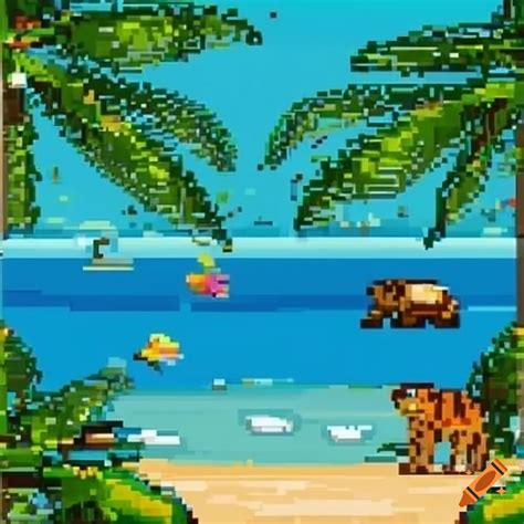 Pixel Art Tropical Paradise With Beaches Jungles And Tropical Animals