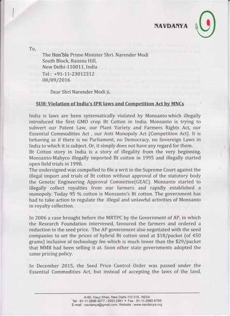 Monsanto Quit India Letter To Pmo Seed Freedom