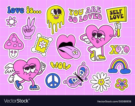 Trendy Groovy Valentines Day Sticker Set Vector Image