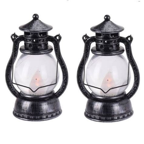 2x Feestverlichting Zwart Grijs Kunststof Lantaarn 12 Cm Met Vlam