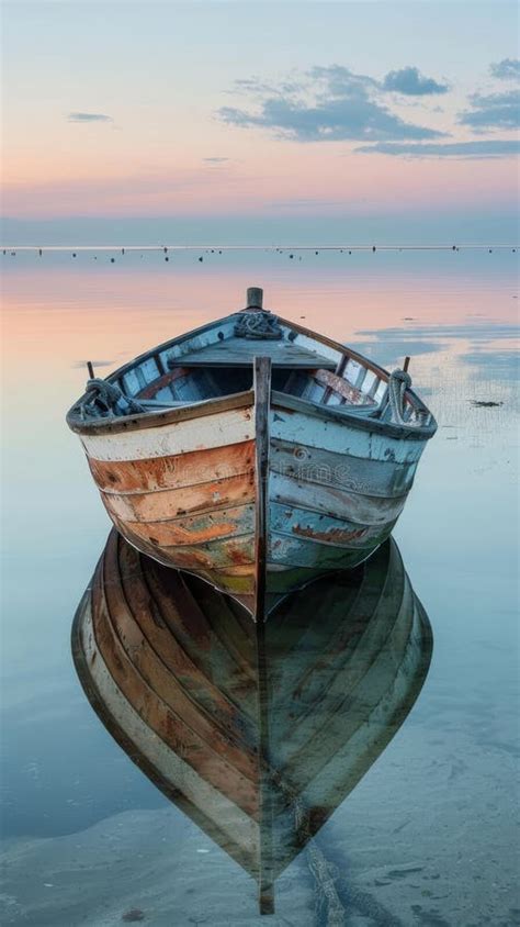 Old Wooden Boat On Calm Water At Sunset Tranquil Scene Serenity And