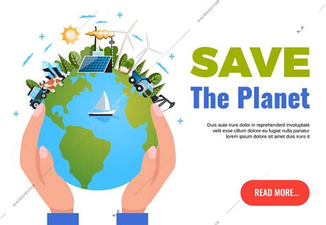 Save The Planet Concept With Wind Power And Solar Energy Symbols Flat