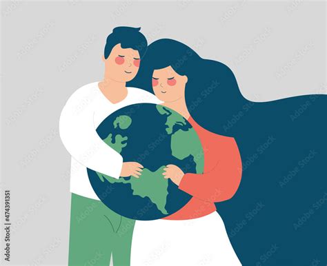 Happy Couple Embrace The Globe With Care Man And Woman Hold The Green Planet With Love Earth