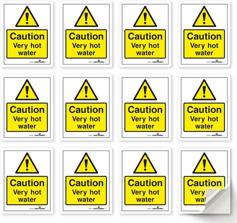 Safetyking® 12 X Caution Hot Water Stickers 68mm Diameter Rectangle Caution Very Hot Water