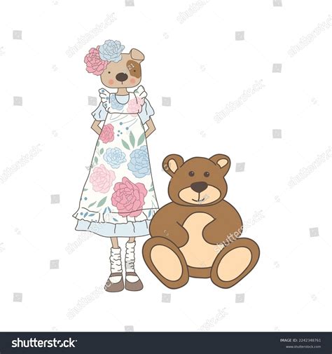 Vintage Teenage Dog Girl Teddy Bear Stock Vector (Royalty Free
