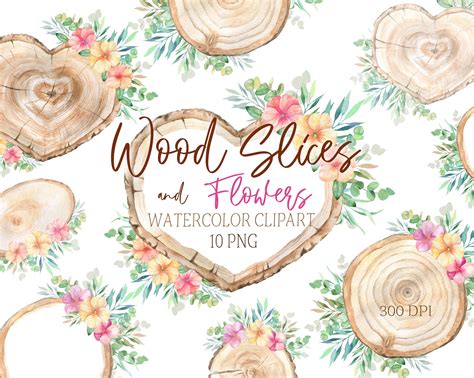 Watercolor Wood Slice Clipart Rustic Floral Spring Sign Slices Clip Ar