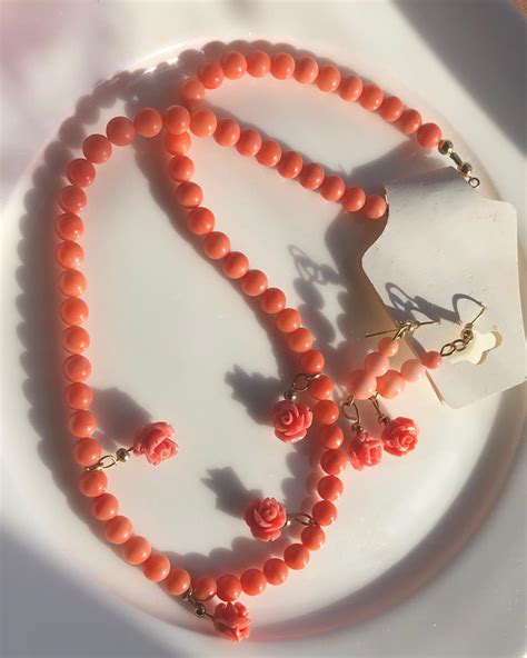 Lot Vintage Pink Coral Necklace And Earrrings