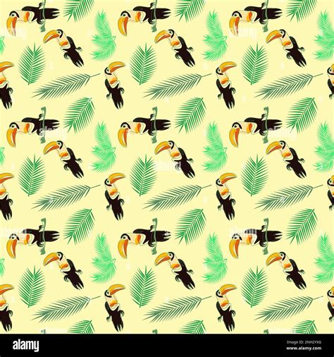 Seamless Pattern With Tropical Bird Toucan And Branches Of Palm Tree On