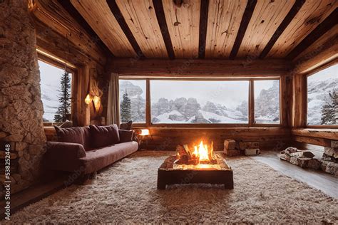 Cabin interior, Winter, fireplace, Generative AI Stock Illustration ...