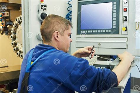 Worker Operating Cnc Machine Center Stock Image Image Of Instrumant