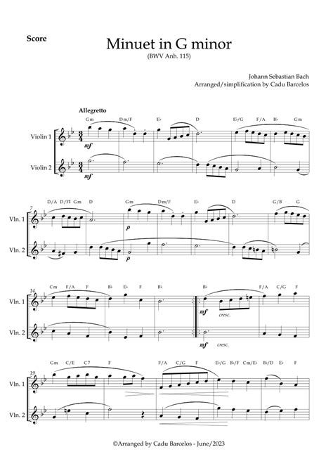 Minuet In G Minor Bwv Anh 115 Bach 2 Violins Chords Arr Cadu