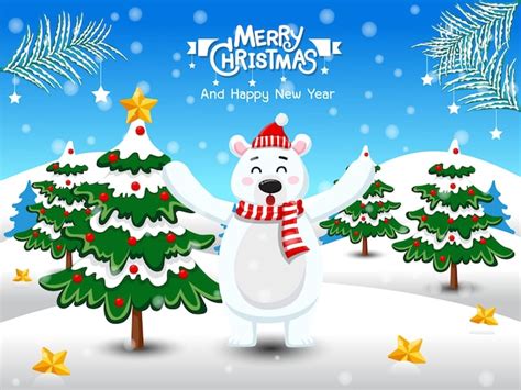 Premium Vector Merry Christmas Cute Polar Bear With Red Scarf And