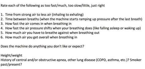 Questions to help optimize BiPAP/NIV settings (Trilogy, Astral, et.al.)