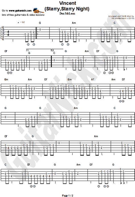 Vincent Starry Starry Night Don Mclean Easy Guitar Tab