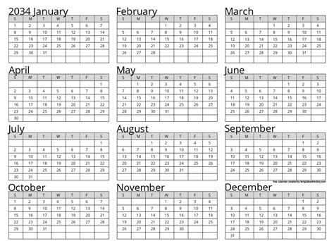 Full Year 2034 Calendar Template