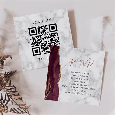 Burgundy Gold Agate Marble Wedding Qr Code Rsvp Enclosure Card Zazzle