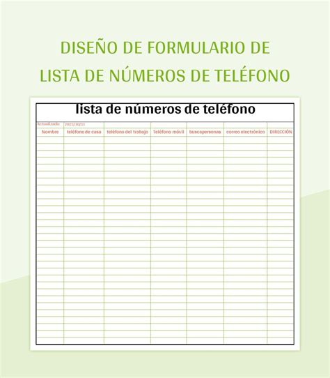 Plantilla de Excel Diseño De Formulario De Lista De Números De Teléfono