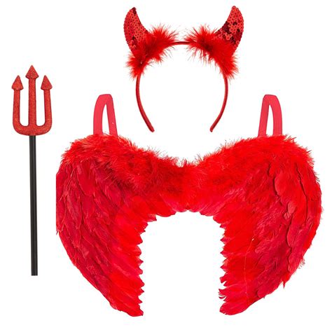 3pc Devil Costume Women Red Angel Wings Adult Red Devil Horns And Fork Devil Set