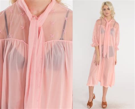 Sheer Pink Robe 70s Lingerie Robe Embroidered Open Ti Gem