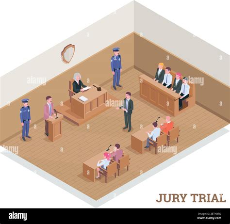 Law Justice Isometric Composition With Text And View Of Court Room