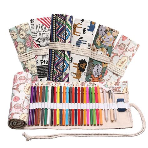 Canvas Pencil Bag Roll Wrap Pen Bag Pencil Case Holder Colored Printing