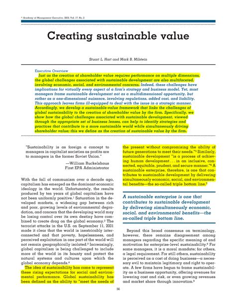 Creating Sustainable Value Hart And Milstein 2003 Highlighted