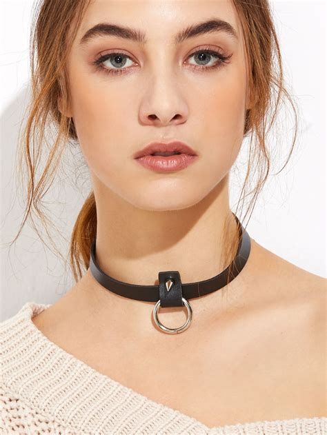 Shop Black Pu Leather Hollow Circle Spike Choker Necklace Online Shein