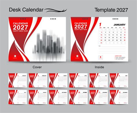 Desk Calendar 2027 Template Set And Red Wave Cover Design Set Of 12