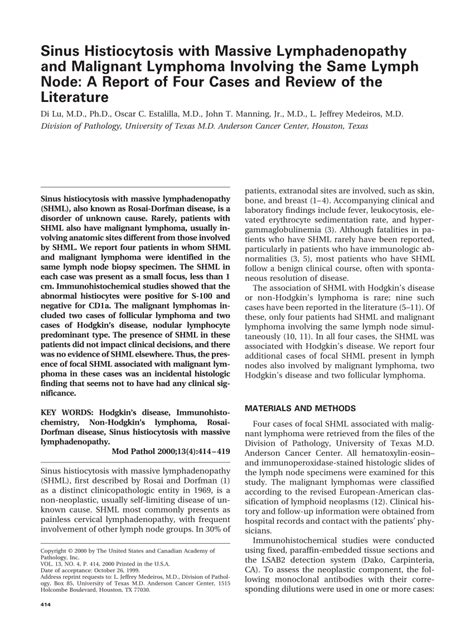 Pdf Sinus Histiocytosis With Massive Lymphadenopathy And Malignant