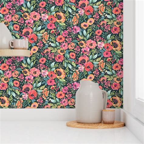 English Floral Garden Dark Wallpaper | Spoonflower