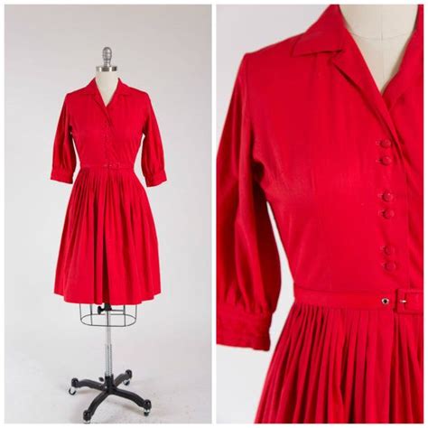 Vintage 1950s Dress Ruby Woo Red Cotton 50s Shirtwaist Dress With