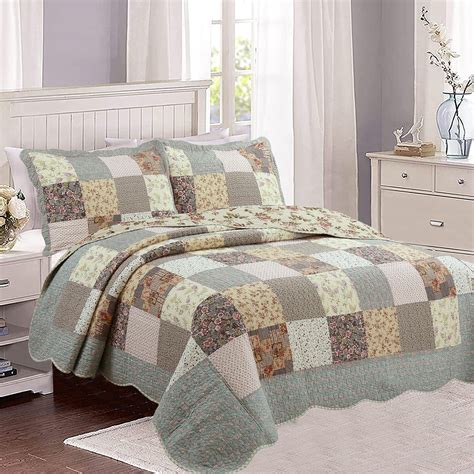 Country Floral Chic Scalloped Patchwork Cotton 3-Piece Quilt Bedding ...