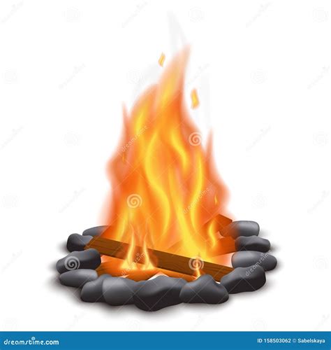 Realistic Bonfire Flame With Stone Footing And Wood Logs Isolated On