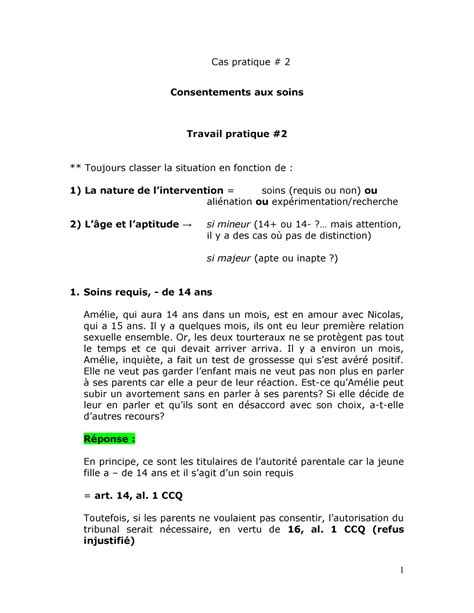 Corrigé cas pratique sur le consentement aux soins Cas pratique 2