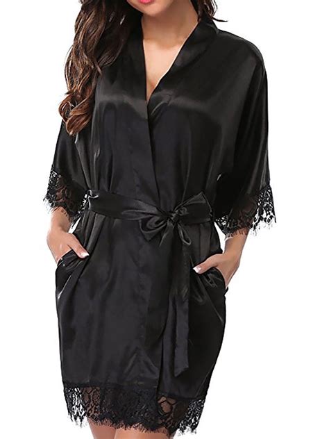 Kvmeteor Women Satin Kimono Robe Lace Sexy Bridesmaid Nightgown Lingerie Walmart