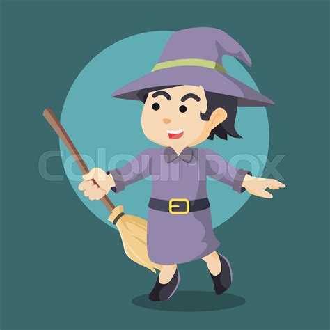 Witch Cheerful Holding Her Broom Stock Vector Colourbox