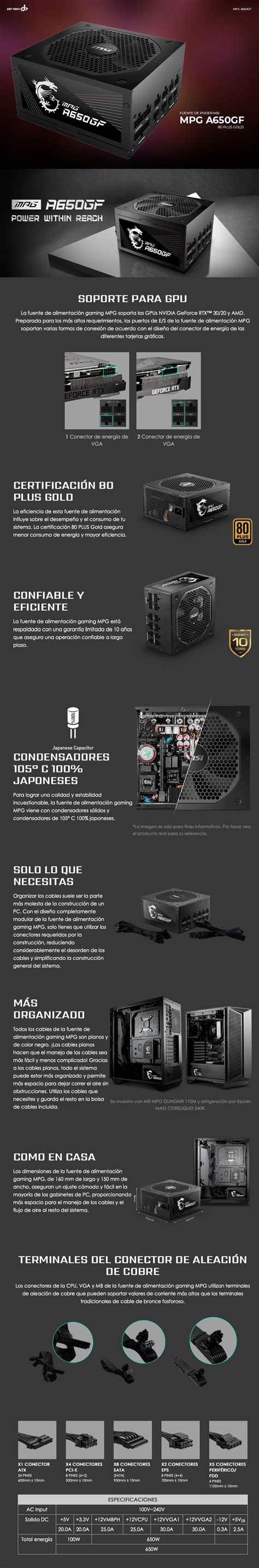 Fuente De Poder MSI MPG A650GF 80 Plus Gold Full Modular 650W