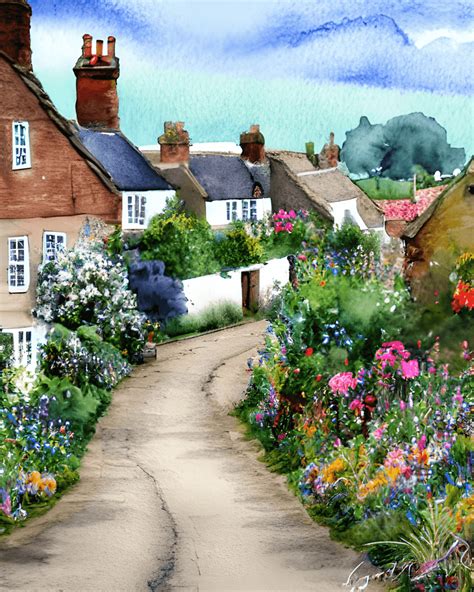 English Village Faded Watercolor Painting Creative Fabrica