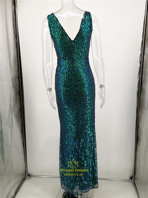 Emerald Green Sequin V Neck Long Sleeveless Prom Maxi Dress With Split