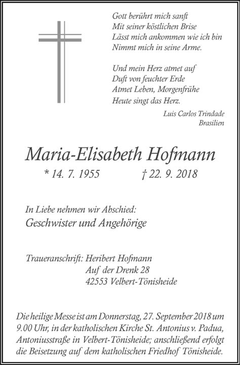 Traueranzeigen Von Maria Elisabeth Hofmann Trauer In Nrw De