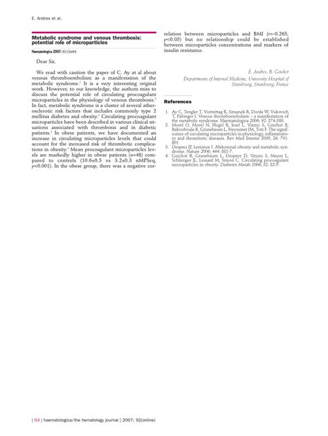 Pdf Metabolic Syndrome And Venous Thrombosis Potential Role Of