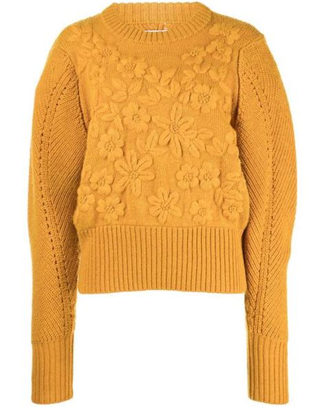 Jason Wu Wool Floral Embroidered Crew Neck Sweater In Yellow Lyst