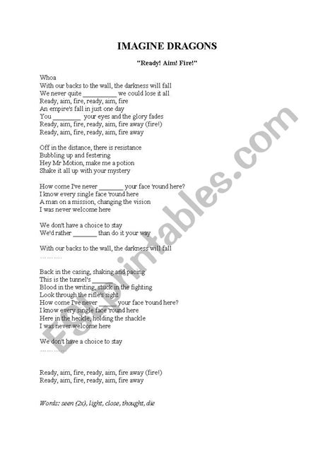 Imagine dragons - Ready! Aim! Fire! lyrics - ESL worksheet by Niko_13