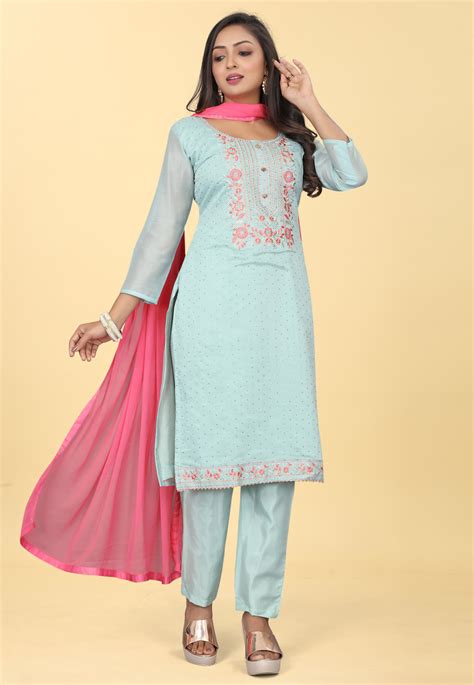 Sky Blue Chanderi Silk Pakistani Suit