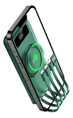 Power Bank 5000mah Carregamento Sem Fio E Led E 4 Cabos Cor Verde