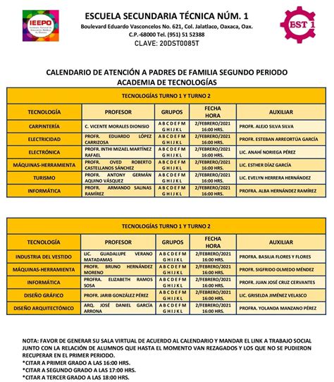 Comunicado Calendario de atención a padres de familia EST Núm 1