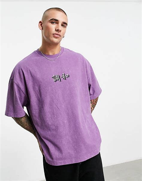 Asos Design Oversized Heavyweight T Shirt In Washed Purple With Text