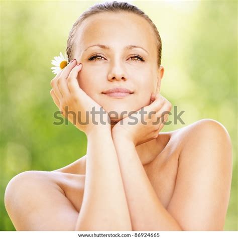 Portrait Pretty Naked Darkhaired Woman Propping Stock Photo
